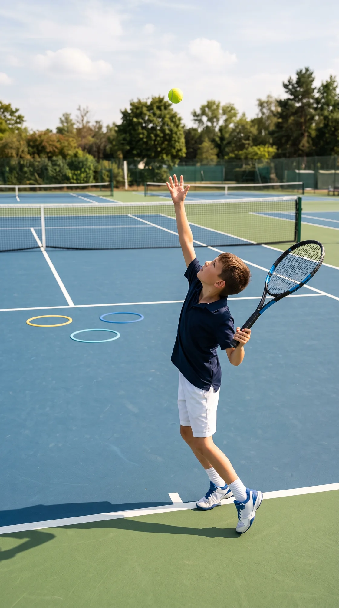 Kind trainiert den Tennisaufschlag mit Zielzonen