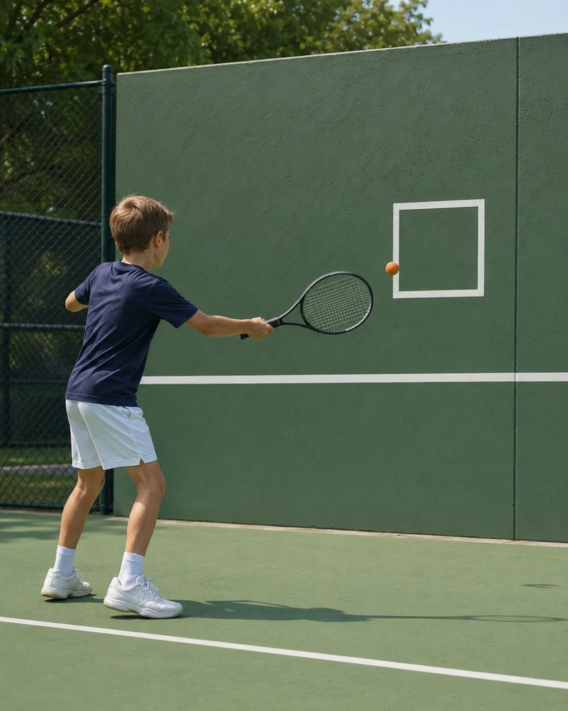 Kind trainiert kontrollierte Tennisschläge an einer Ballwand