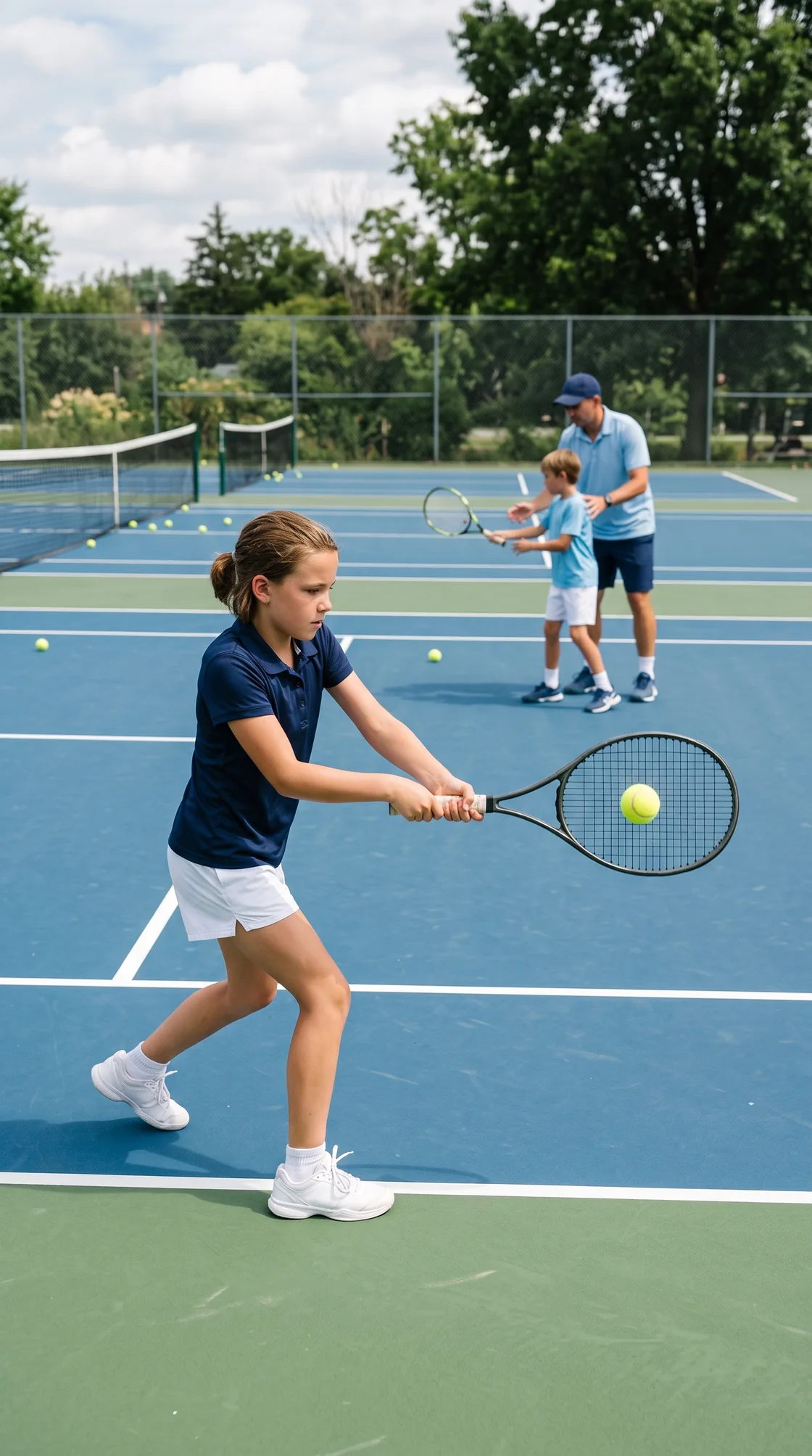 Kind spielt eine beidhändige Rückhand im Tennistraining