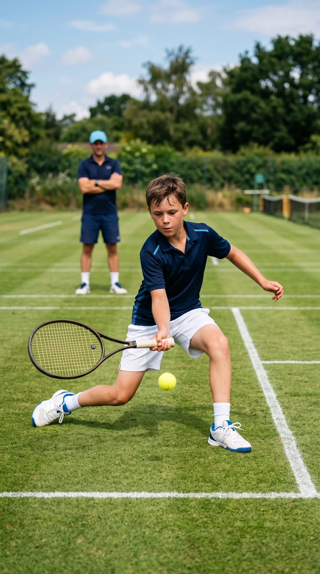 Kind reagiert aus einer stabilen Position auf den Tennisball