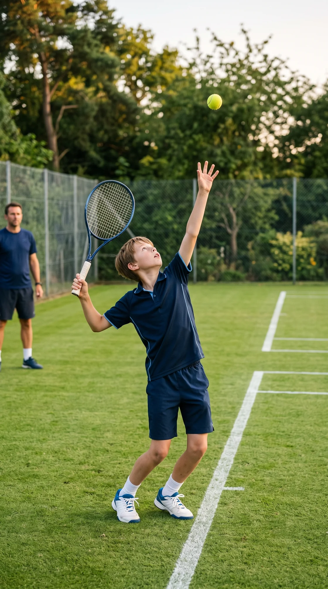 Kind übt den Ballwurf für einen kontrollierten Tennisaufschlag