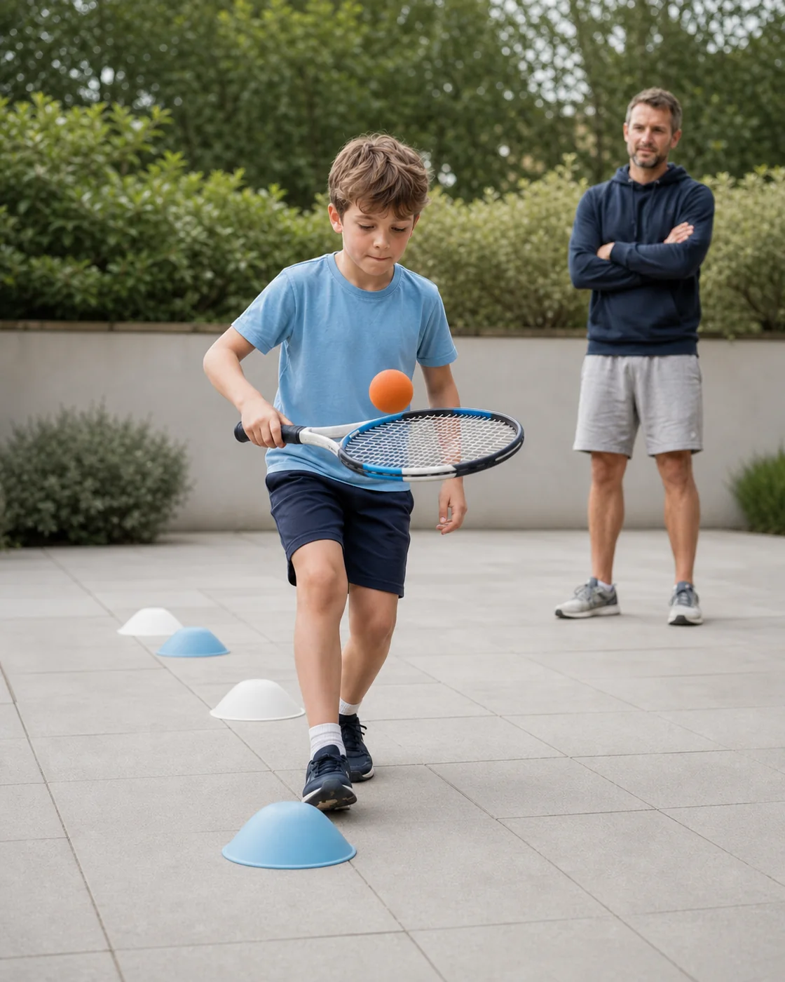 Kind trainiert zu Hause mit Schaumstoffball und Markierungshütchen