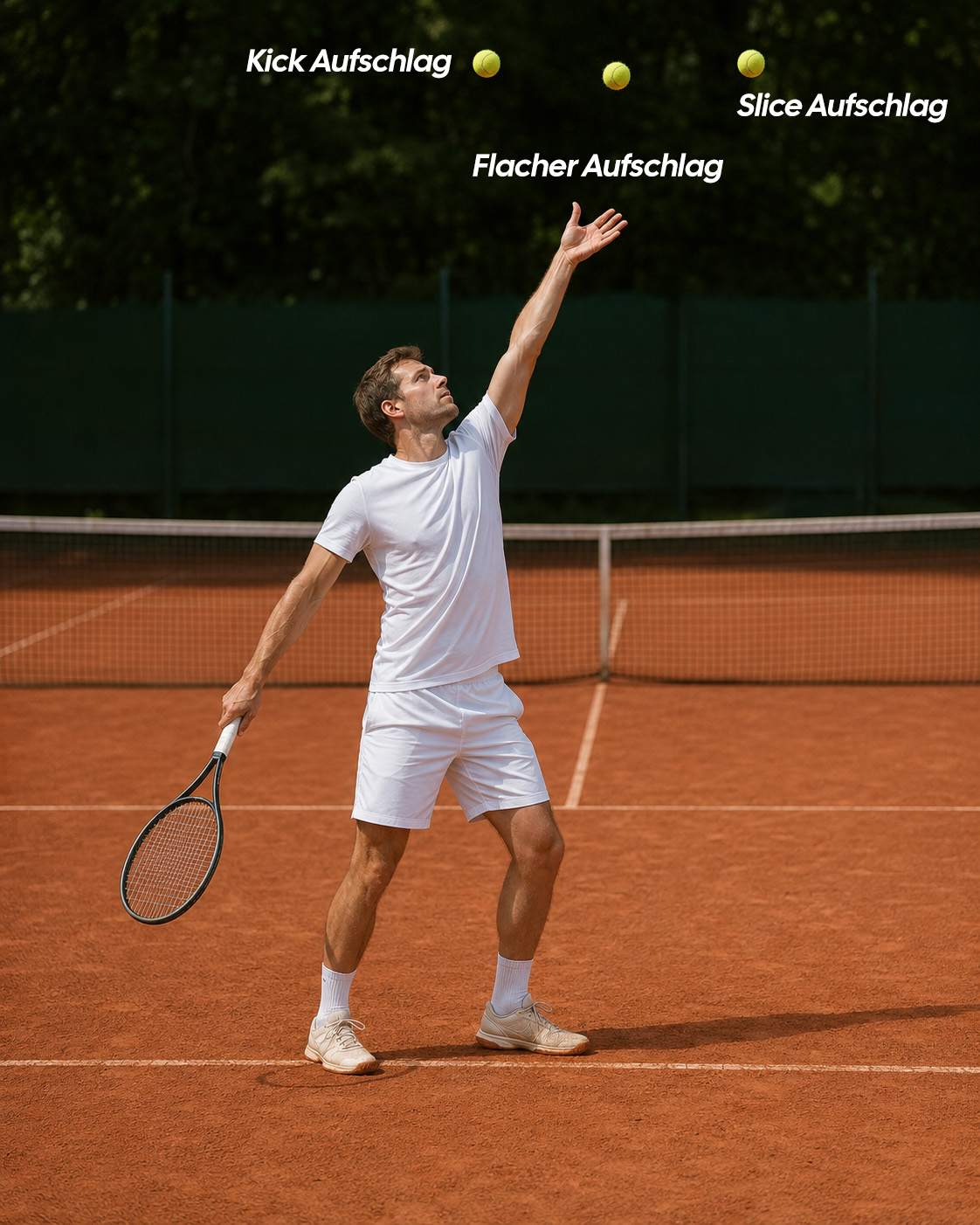 Tennisspieler beim kontrollierten Ballwurf für den Aufschlag auf einem Sandplatz