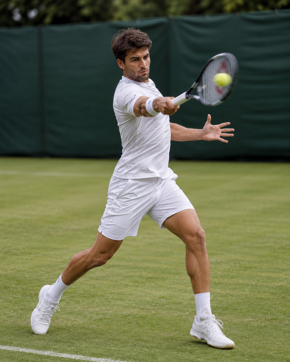 Fortgeschrittener Tennisspieler bei einer dynamischen Topspin-Vorhand auf einem Rasenplatz